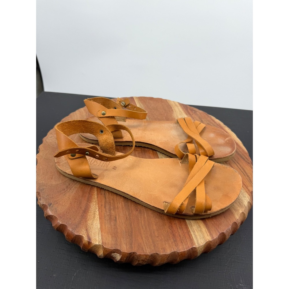 SBJ Austin Gladiator Sandals Women 11 Tan Leather Ankle Strap Flat Minimalist